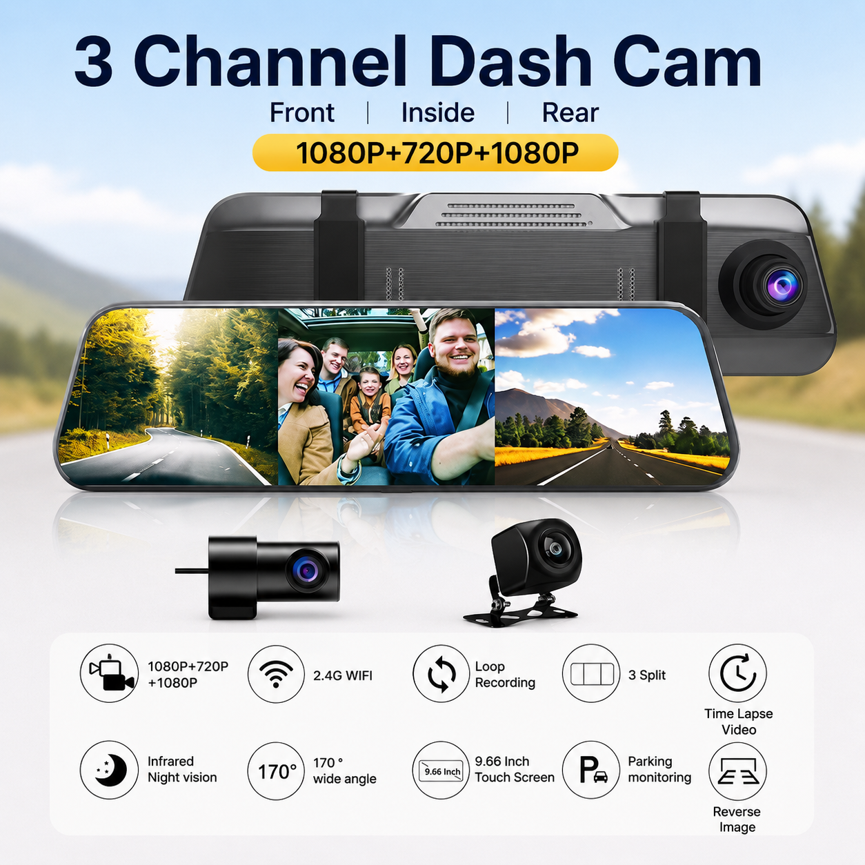 EKLEVA 3 Camera WIFI Car DVR Three Lens Mirror 10 Inch Night Vision Touch Video Recorder Dashcam Front 1080P + Inside 720P + 720P Rear Cam Giá 1,690,377 Đồng*Miễn phí vận chuyển