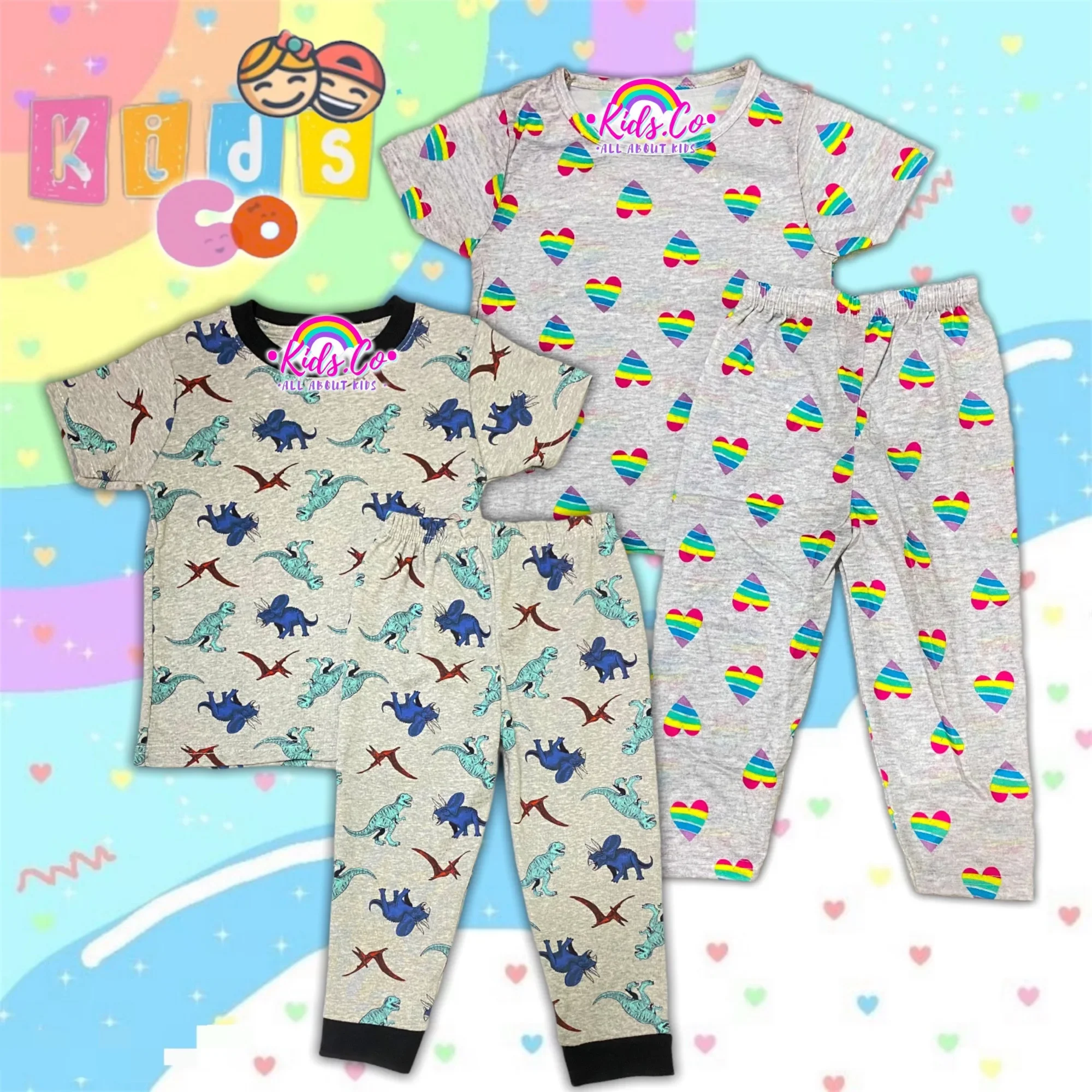 Readystock Pyjamas Dino 🦖 Colourful Love Printed Cotton Kids Size