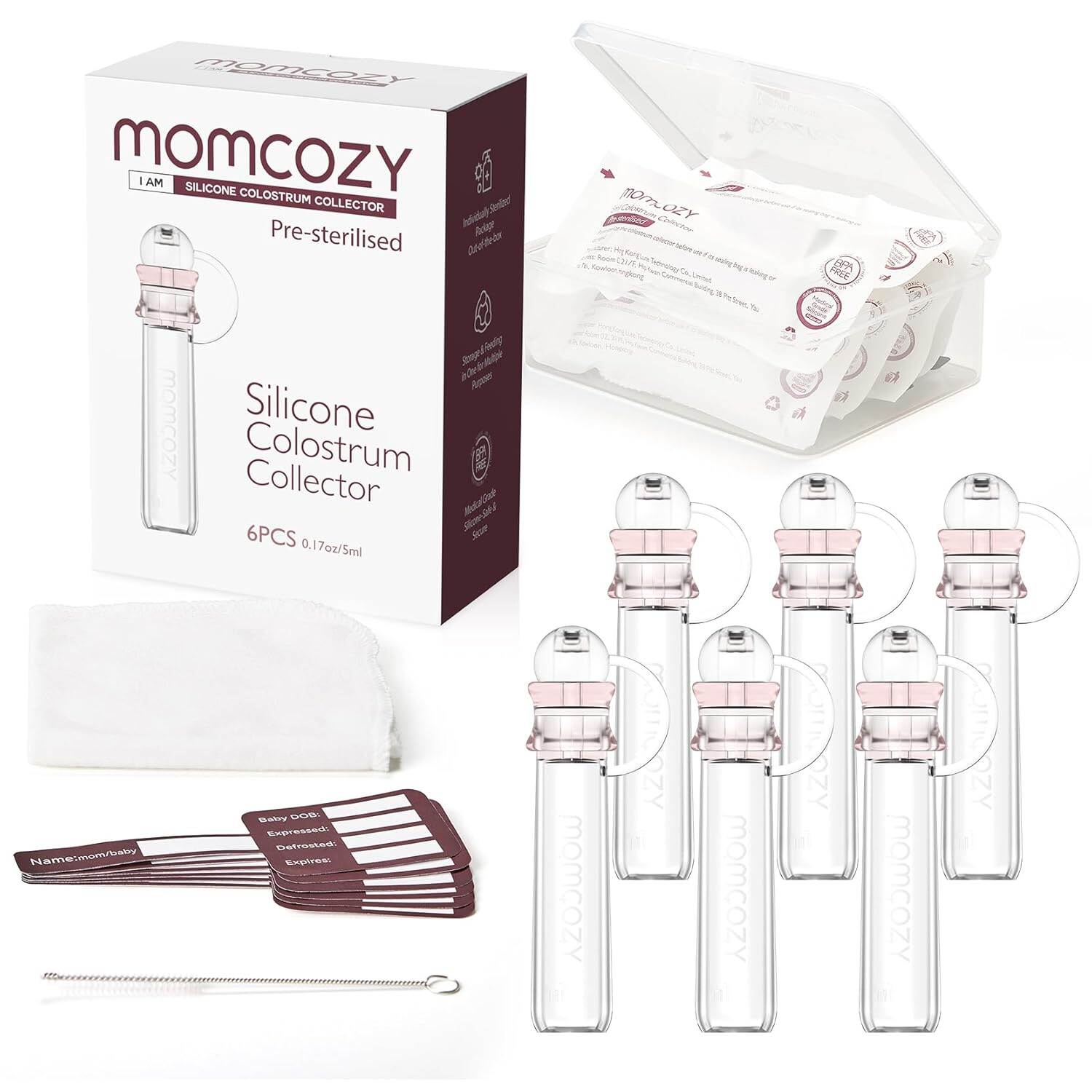 Momcozy sữa non Collector tái sử dụng vú Đồ hút sữa với trường hợp lưu trữ và bông lau di động sữa non container không chứa BPA đa sử dụng Collector 5ml-2pcs & 6pcs