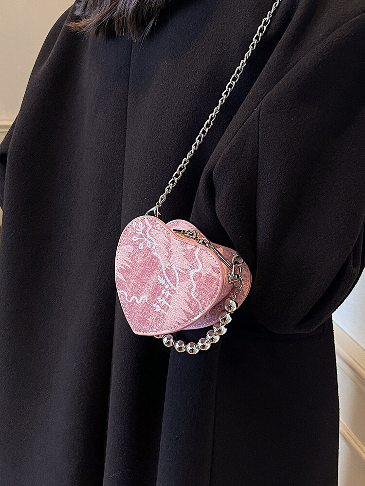 Fashionable Mini Heart Shaped Beaded Coin Purse Women's Crossbody Bag Soft PU Leather Casual Style Autumn Collection