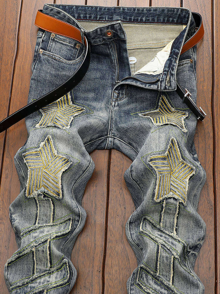 Spring Autumn Men's Jeans High Street Patchwork Trendy Spring Pants Cotton Polyester Spandex Wear Resistant Straight Leg Fit Harga  266 Ringgit*Penghantaran Percuma