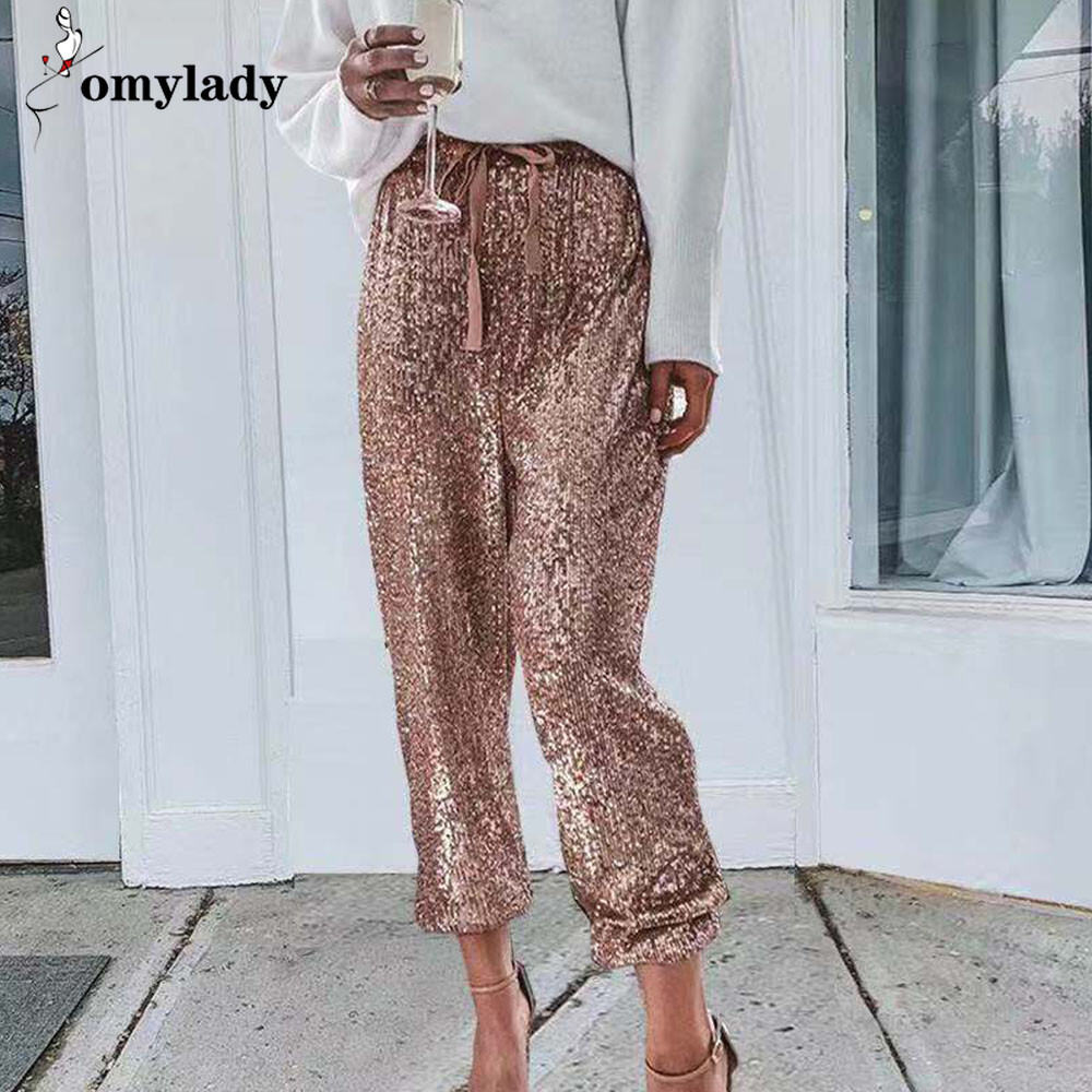 Rose Gold Sequin Pants Women Drawstring High Waist Pants Streetwear Glitter  Sparkly Club Party Ladies Trousers Pantalon Femme