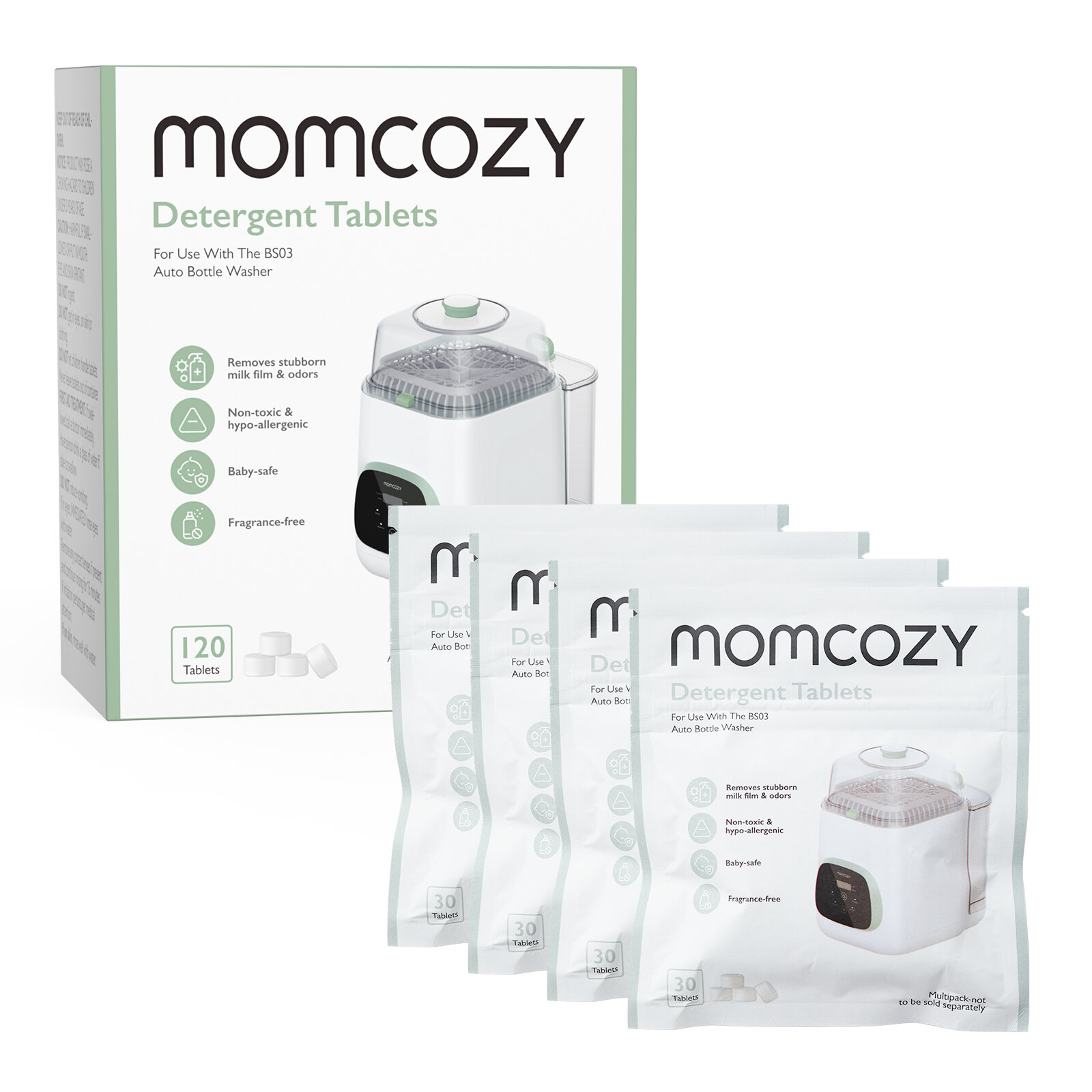 Momcozy บล็อกซักผ้าอย่างเป็นทางการสำหรับ KleanPal Pro แท็บเล็ตผงซักฟอก120เม็ดสำหรับทำความสะอาดขวดนม S ชิ้นส่วนเครื่องปั๊มนมแม่อุปกรณ์เสริมการให้อาหารปลอดสาร BPA การเดินทางและการใช้ที่บ้าน