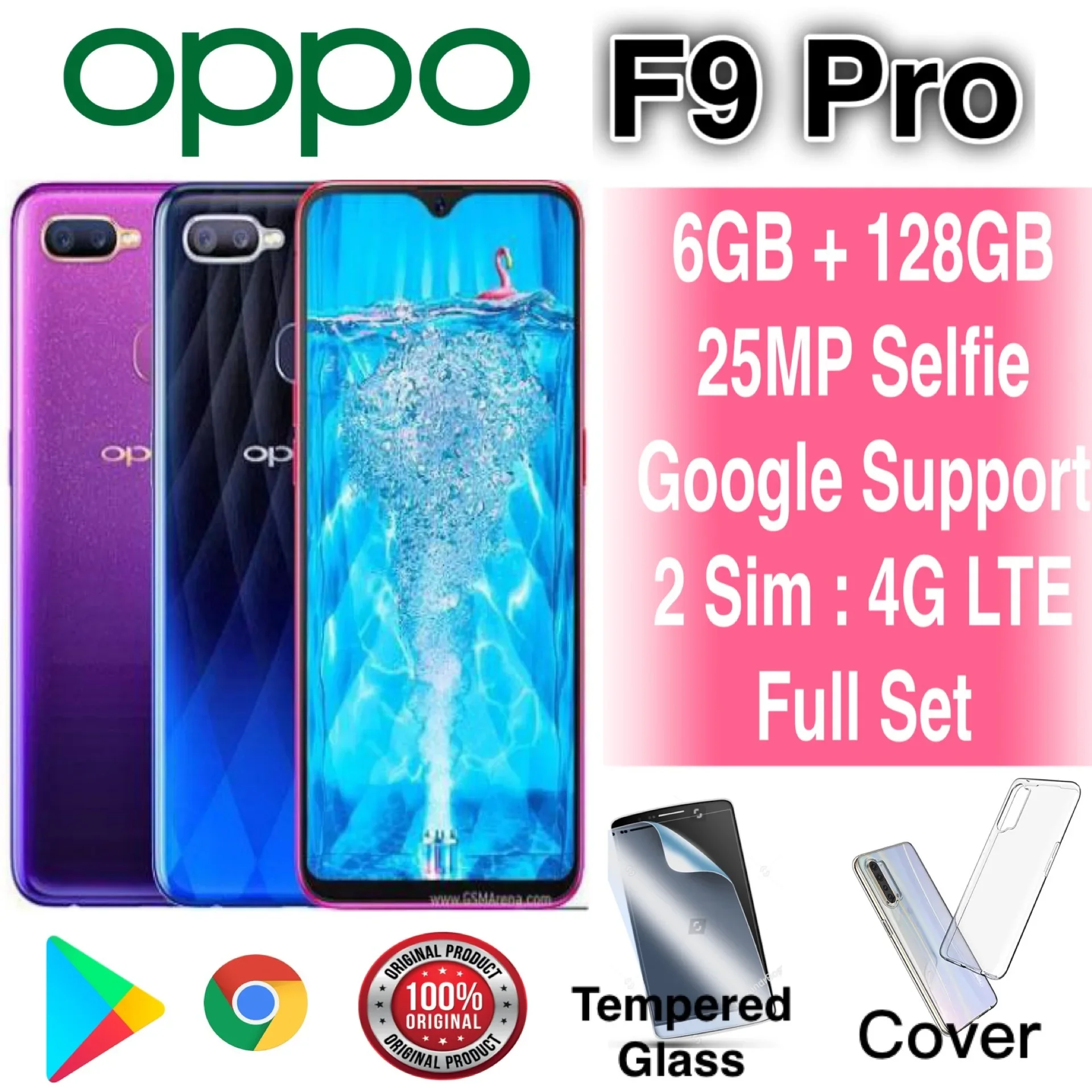 100% Original - OPPO F9 Pro (128GB + 6GB Ram) Full Set with box