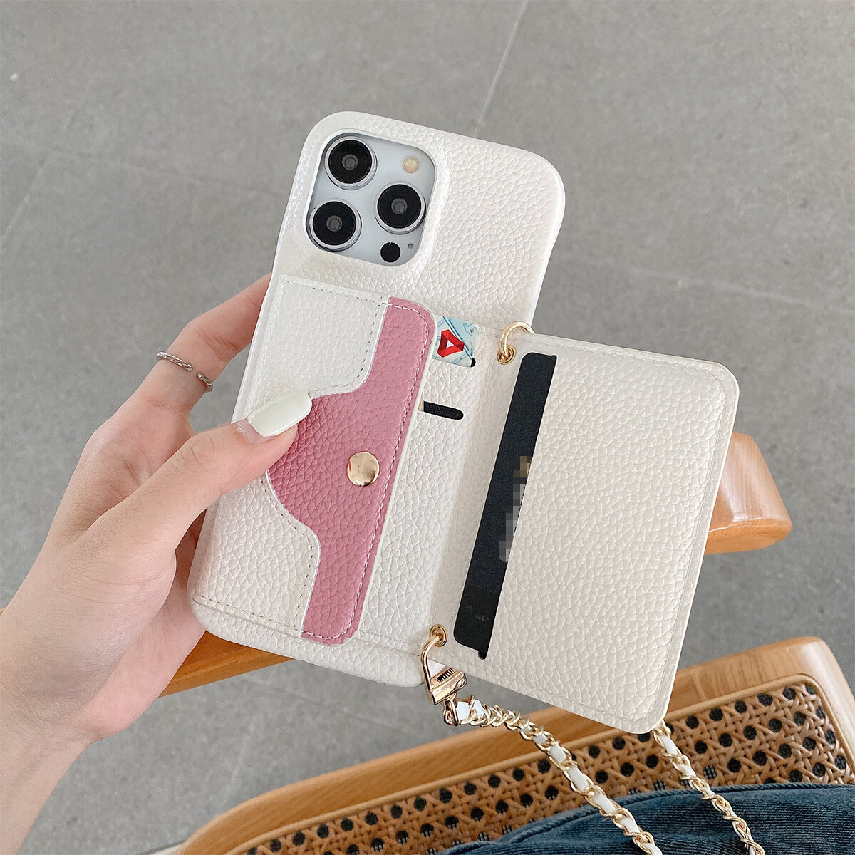 Luxury Wallet Phone Case With Metal Chain And Mirror For Iphone_voghion.com