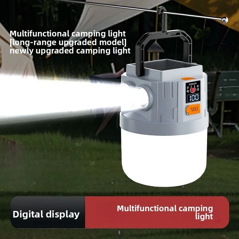 New solar charging lighting lamp camping light portable LED emergency light searchlight 4-speed adjustable USB solar charging 2-in-1 LED connected bulb camping light