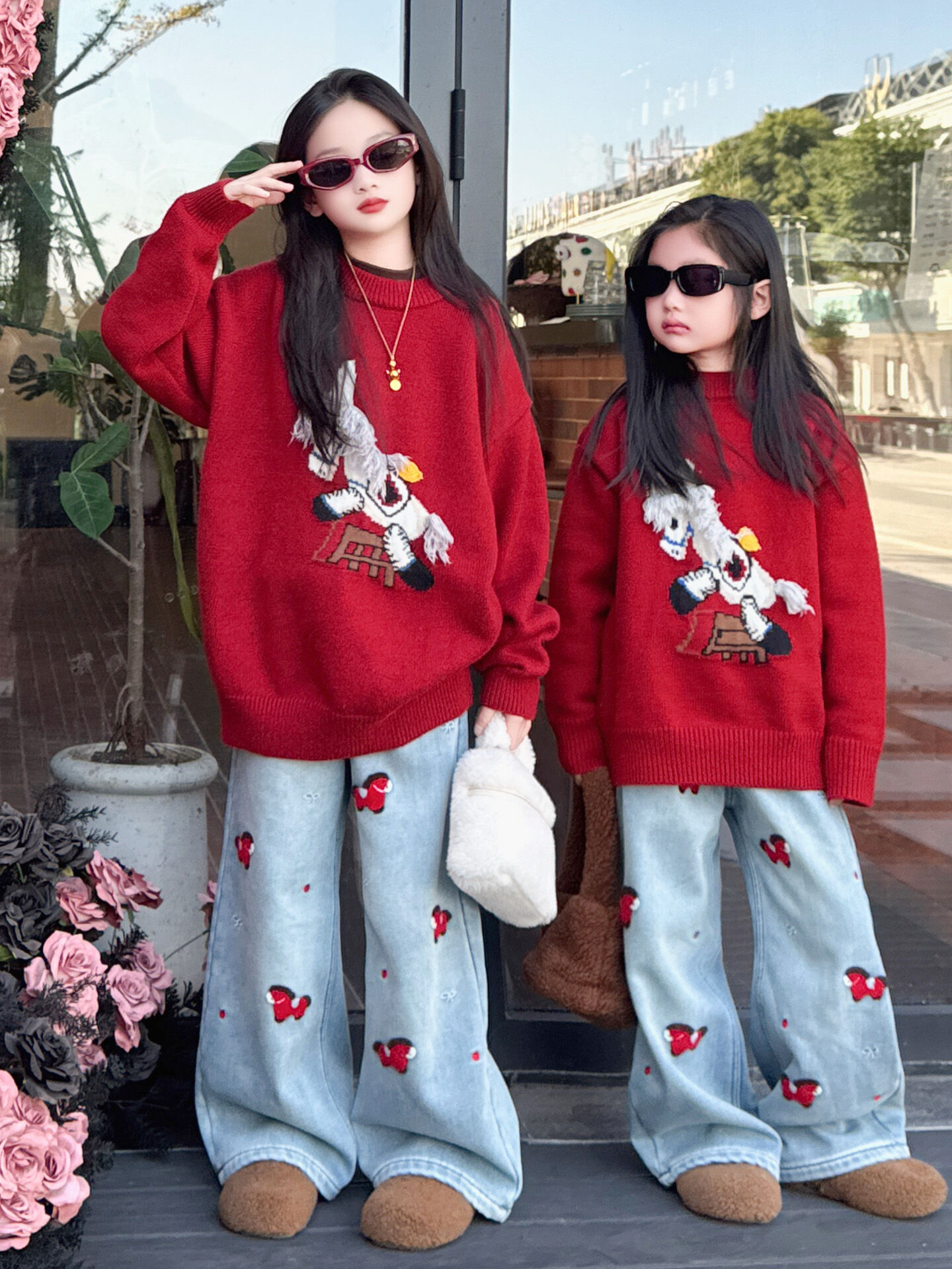 H.S.H Kids | Embroidered Horse Children's Knitted Sweater Set Jeans Red Warm Harga 138 Ringgit*Penghantaran Percuma