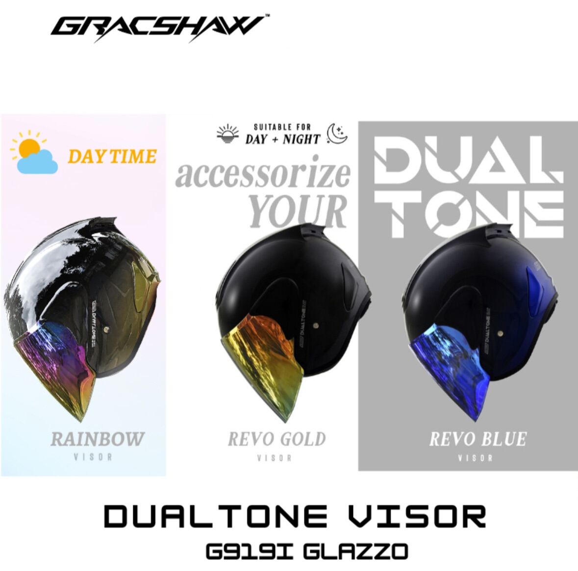 VISOR) Gracshaw Glazzo G919i Dualtone Visor Rainbow Revo Gold Revo
