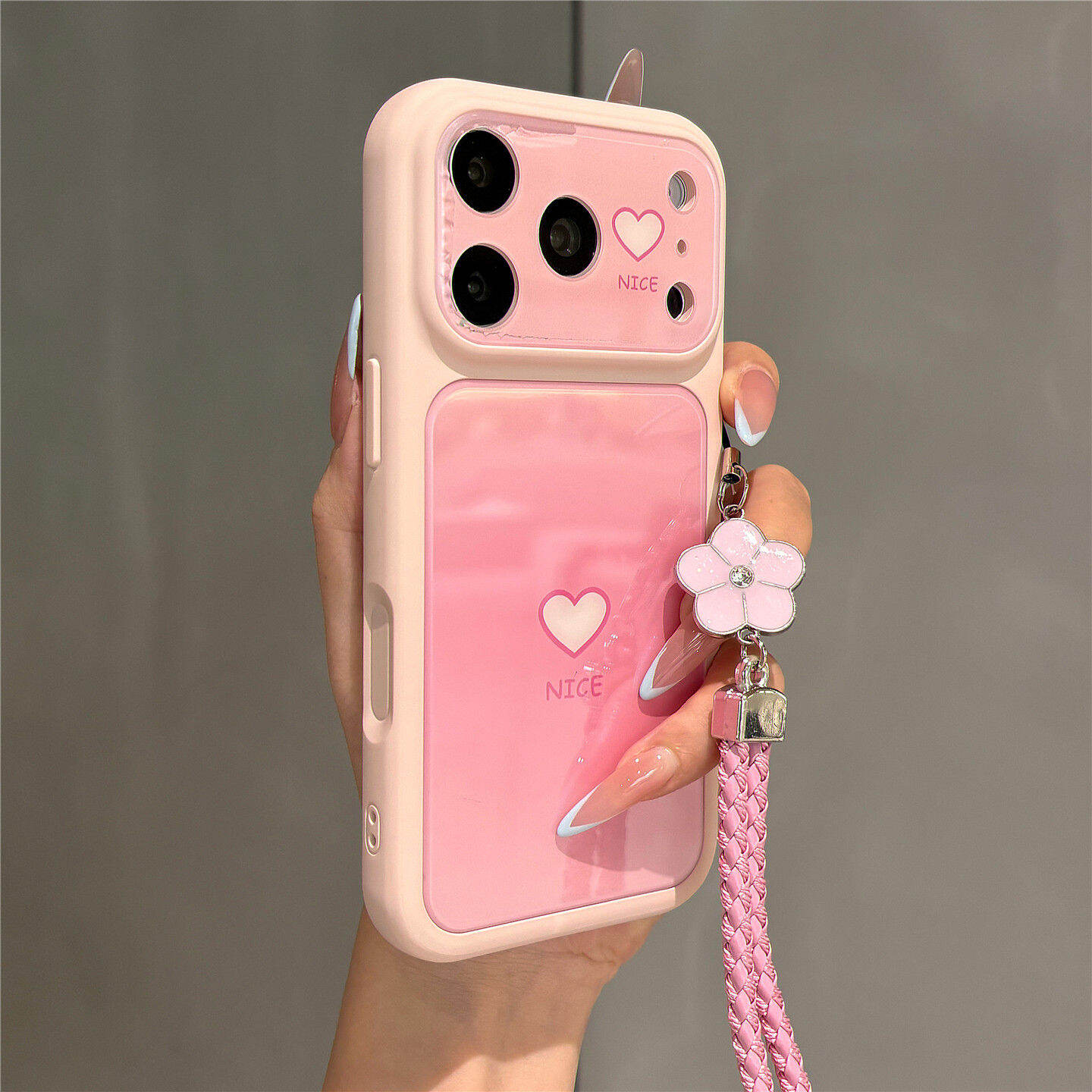 For iPhone17ProMax Case,iPhone15 become17,Anti fall and unbreakable acrylic Back,HD Print Pattern Casing With Hand Strap,Cute Pink Love Heart,iPhone16pro Air iPhone14,With AI button
