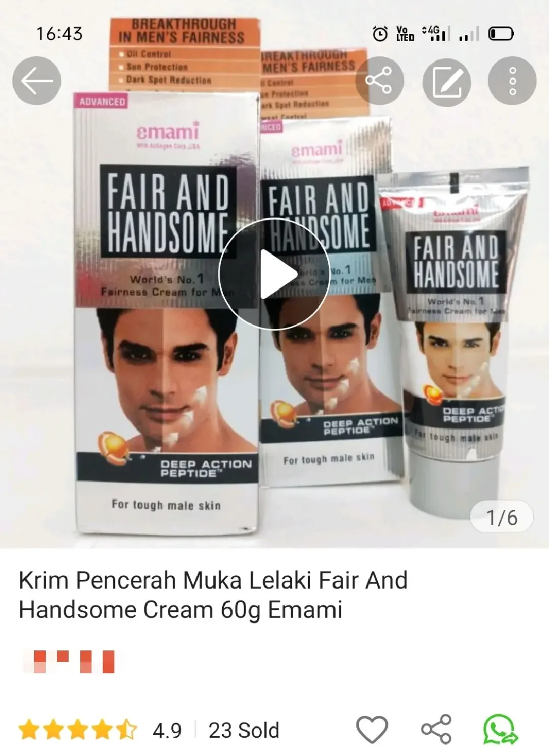 Krim Pencerah Kulit Muka Lelaki Fair And Handsome Cream 60g Emami