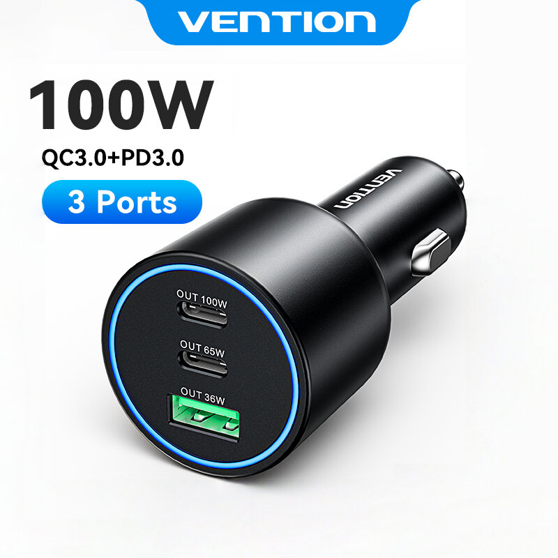 Vention 100W Car Charger USB-C 3 Port QC3.0 PD3.0 Fast Charging PPS FCP AFC USB Type C Car Phone Charge for iPhone 16 15 Pro Max Samsung Macbook Laptops ราคา 436 บาท*ส่งฟรี