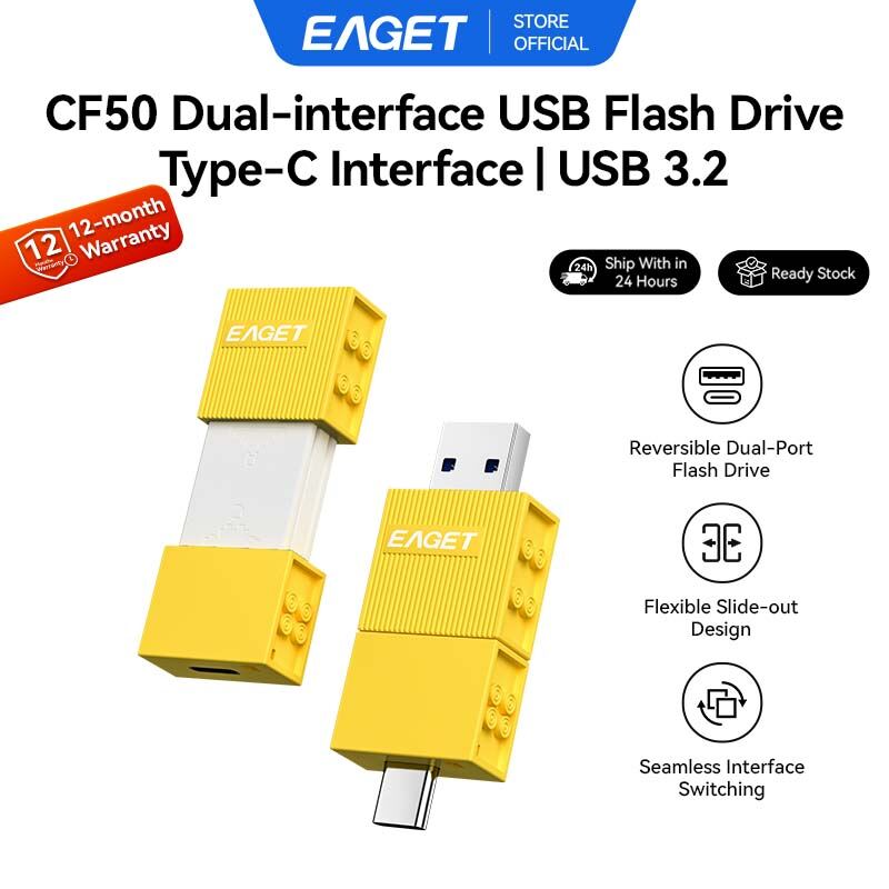 EAGET CF50 2-in-1 USB3.2 Gen1 Type-C Flash Drive Dual Port OTG Pendrive Max 150MB/S Cute Toy Block U Disk for iPhone 15/16 Android Phones Laptop PC TV Car Game Console 32 64GB 128GB 256GB ราคา 870 บาท*ส่งฟรี