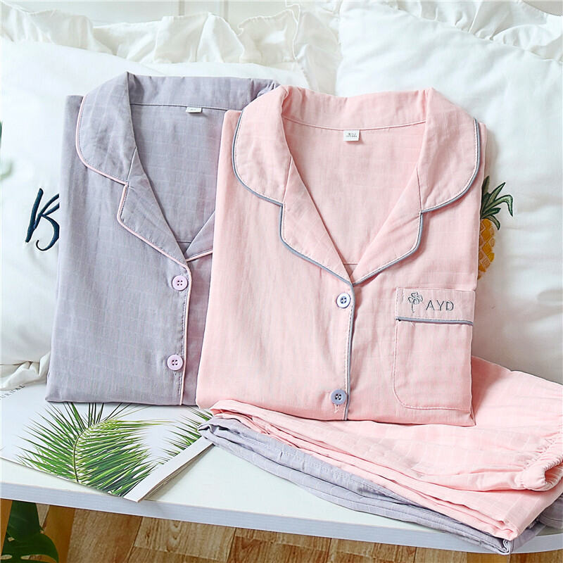 Japanese Style Cotton Gauze Long Sleeves Pajamas Women's Cotton Cardigan Pure Color plus Size Homewear Thin Suit Can Be Outwear