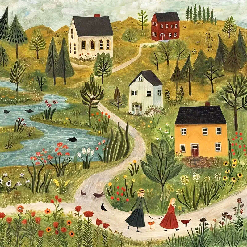 Cross Stitch Embroidery Kit Village Scenery 11ct Canvas Printed Fabric DIY Tree Flower Handmade Sewing Kits