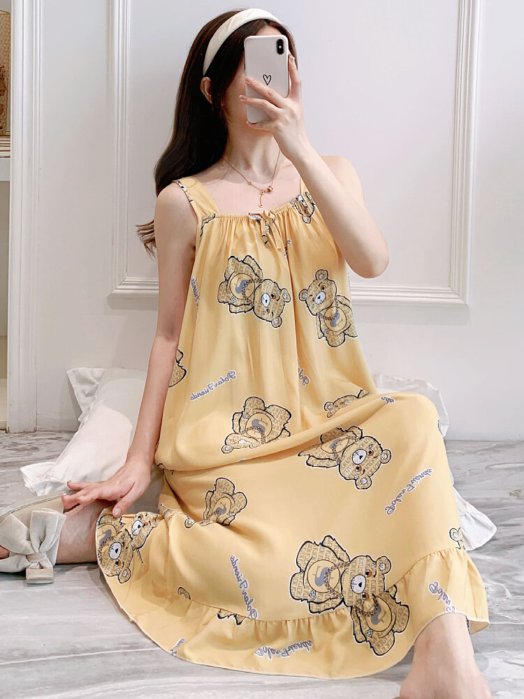 Korean Style Women's Sleepwear Strapless Cartoon Pure Cotton Sexy Summer Home Clothes Silk Student Sleeveless Nightgown Artificial Cotton plus Size. 