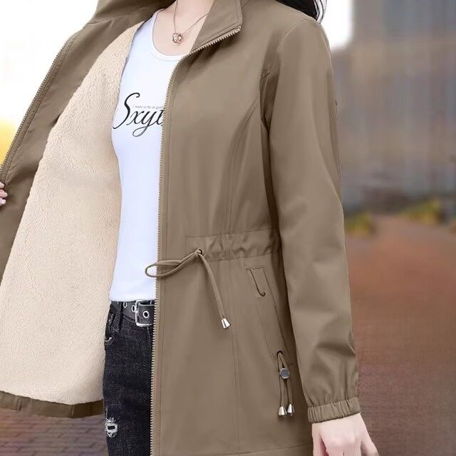 Thickened Fleece Spring Autumn Jacket Women's Casual Mid-Length Windbreaker Stylish Coat Korean Style Polyester Fiber Zipper