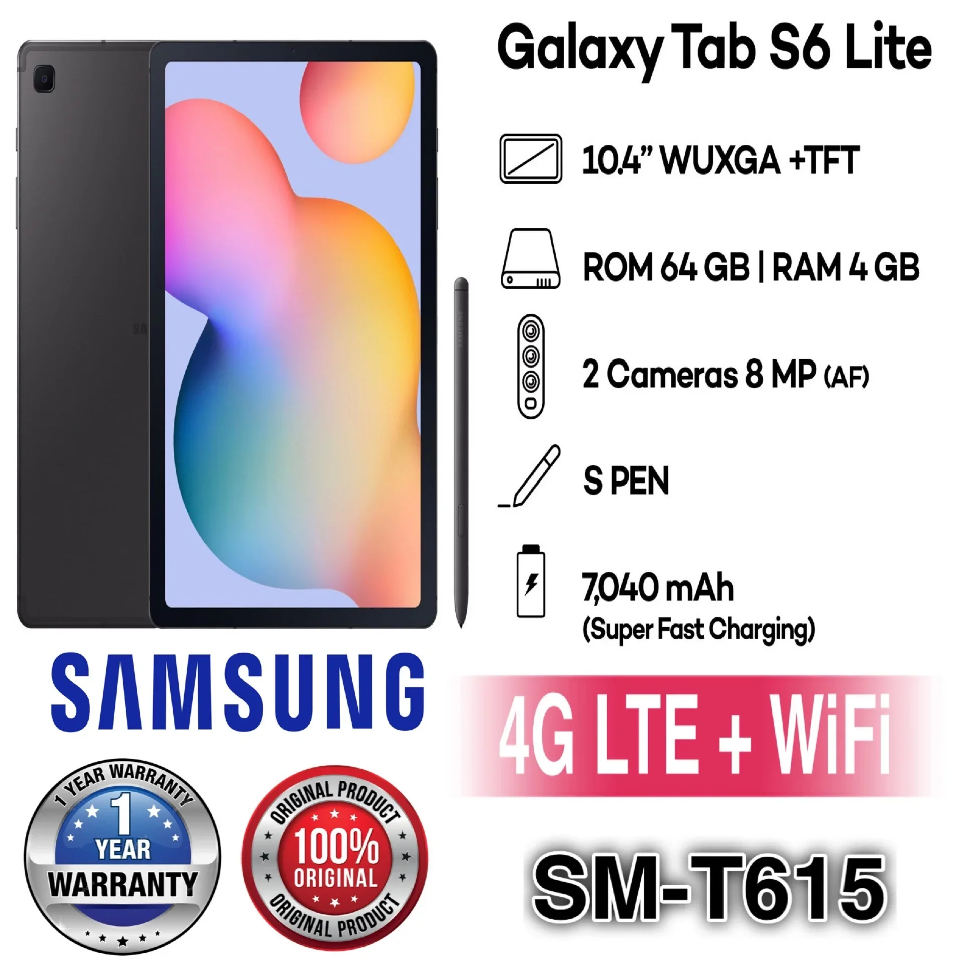 4G LTE Cellular - Samsung Galaxy Tab S6 Lite (64GB+4GB Ram) with S Pen