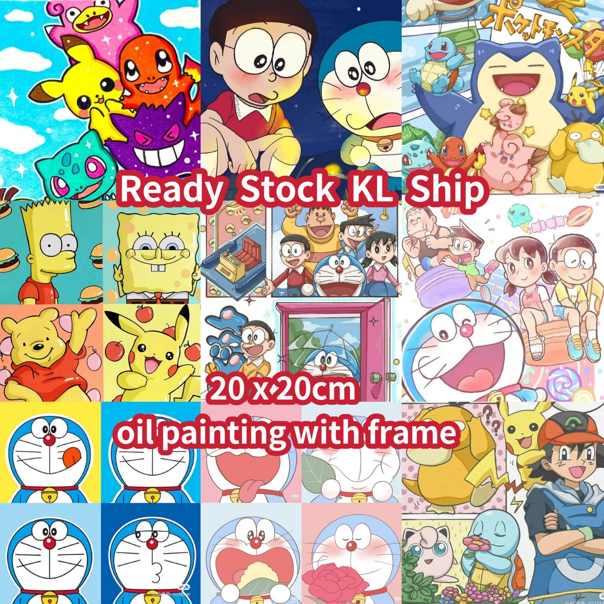 Doraemon and Pikachu Family 20*20cm Diy Digital Oil Painting by Numbers  with Frame | Lazada
