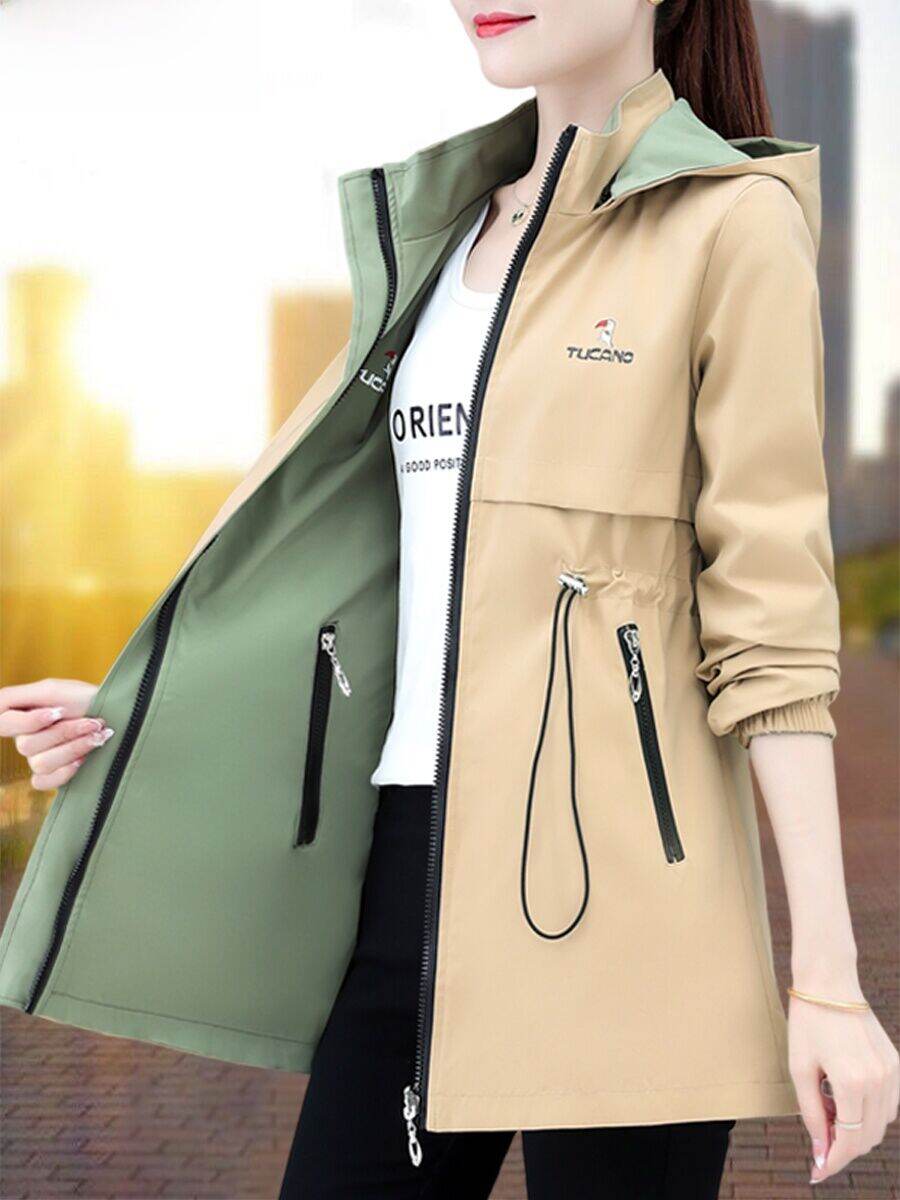 Double-Sided Wear Ladies' Loose Midi Jacket Windbreaker Outerwear Spring Autumn Fashionable Casual Polyester Fiber Zipper Closure