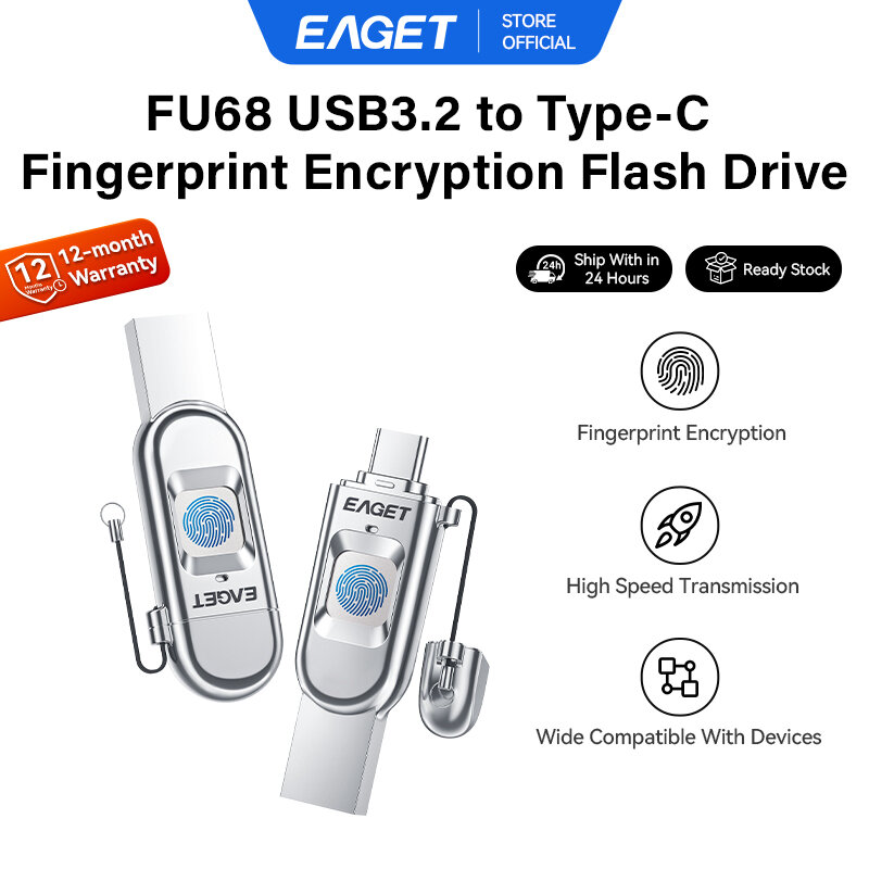 EAGET FU68 Fingerprint Encryption Type-C & USB 3.2 Gen 1 Flash Drive (64GB/128GB/256GB/512GB) ราคา 2,443 บาท*ส่งฟรี