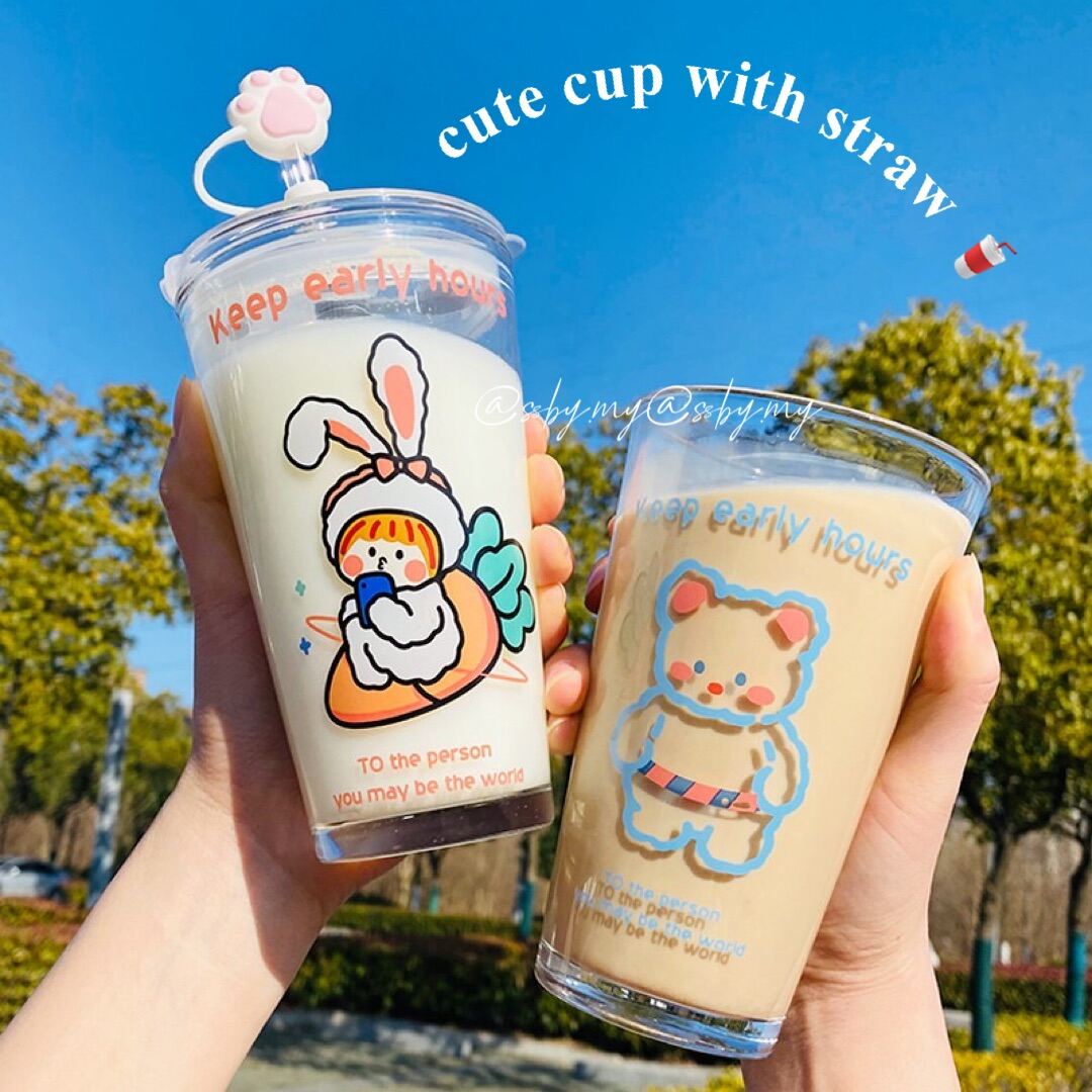 Print Milk Glass Cup for Kids with Handle, Spill Proof Lid and Straw, Coffee  Cup Mug Glass with Heat Resistance, 400 ml