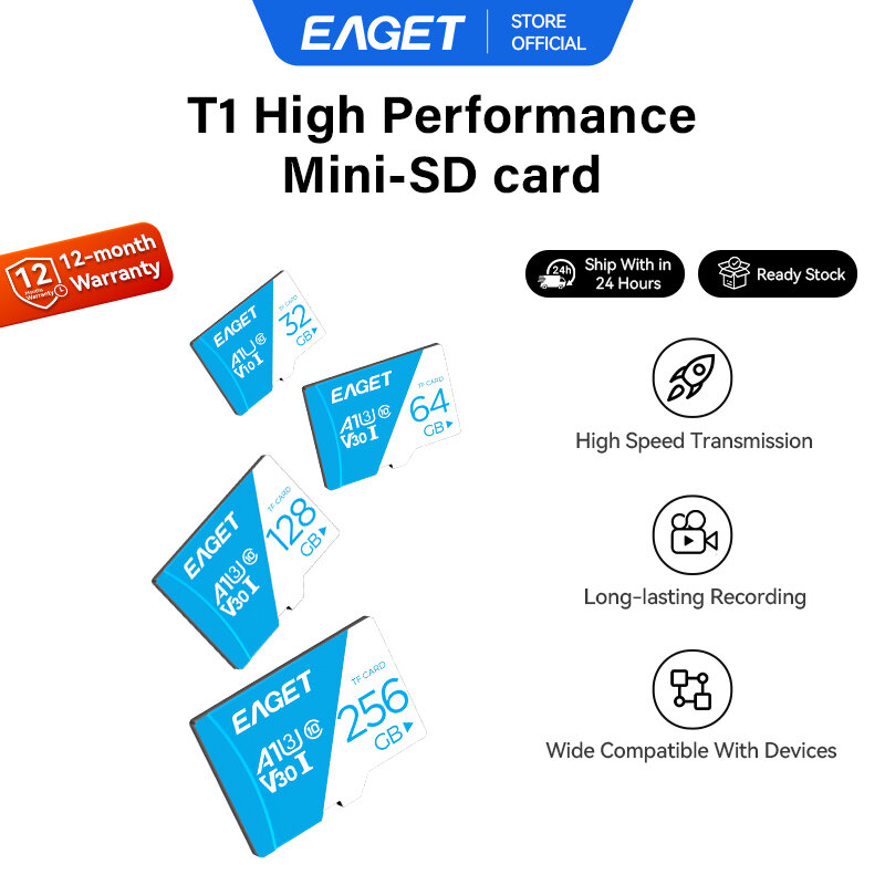 EAGET T1 4K High Speed Micro SD Card V30 A1 U3 Read Up To 100MB/s Memory Card 32GB 64GB 128GB 256GB 512GB For Dash Cam Security Camera Android Phone Drone Camera ราคา 875 บาท*ส่งฟรี
