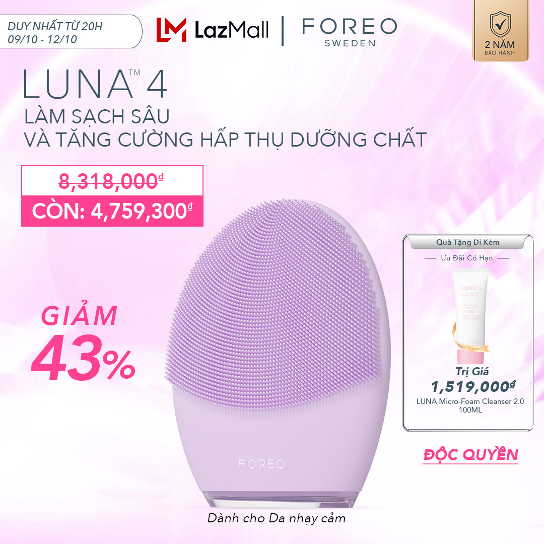 Máy rửa mặt FOREO LUNA 4 cao cấp mát-xa trẻ hoá da bằng sóng âm T-sonic phiên bản cho da nhạy cảm gai slilicon kháng khuẩn thế hệ mới
