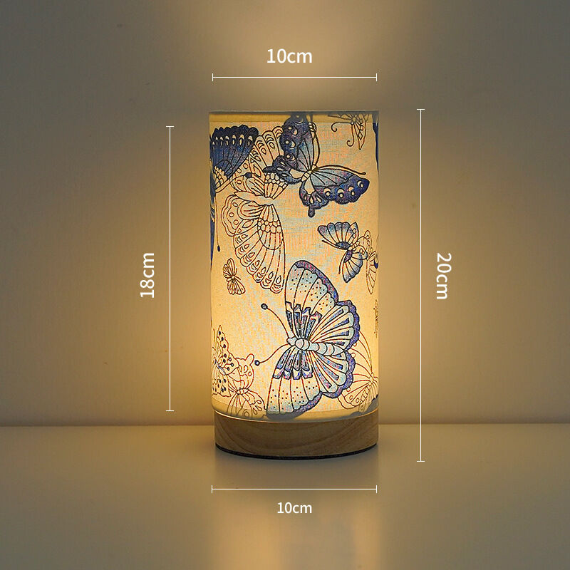 Vintage Fabric Table Lamp USB Dimmable Bedside Night Light Solid Wood Base Rechargeable or Remote Control Small Desk Lamp for Bedroom Living Room Home Decor