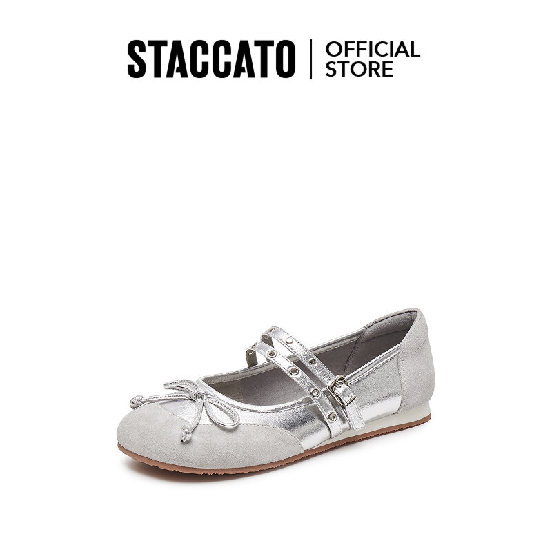 รองเท้าแมรี่เจน รองเท้าแฟชั่นสไตล์เกาหลีหัวมนน่ารัก STACCATO Women's Bow Mary Jane รองเท้าลำลองส้นแบน S9568
