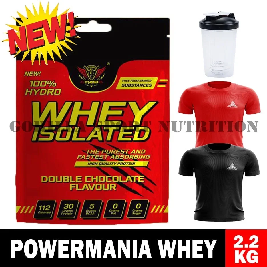 (Ready Stock!!!) Power mania Whey Protein Hydro Whey Isolated Protein 2.2KG Protein Supplement Powermania Whey Solid Muscle Lean Body Weight Loss (FREE TSHIRT / FREE SHAKER )