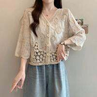 AIYITI | Lace Floral Hollow Out Plus Size Flattering Short Sleeve Blouse