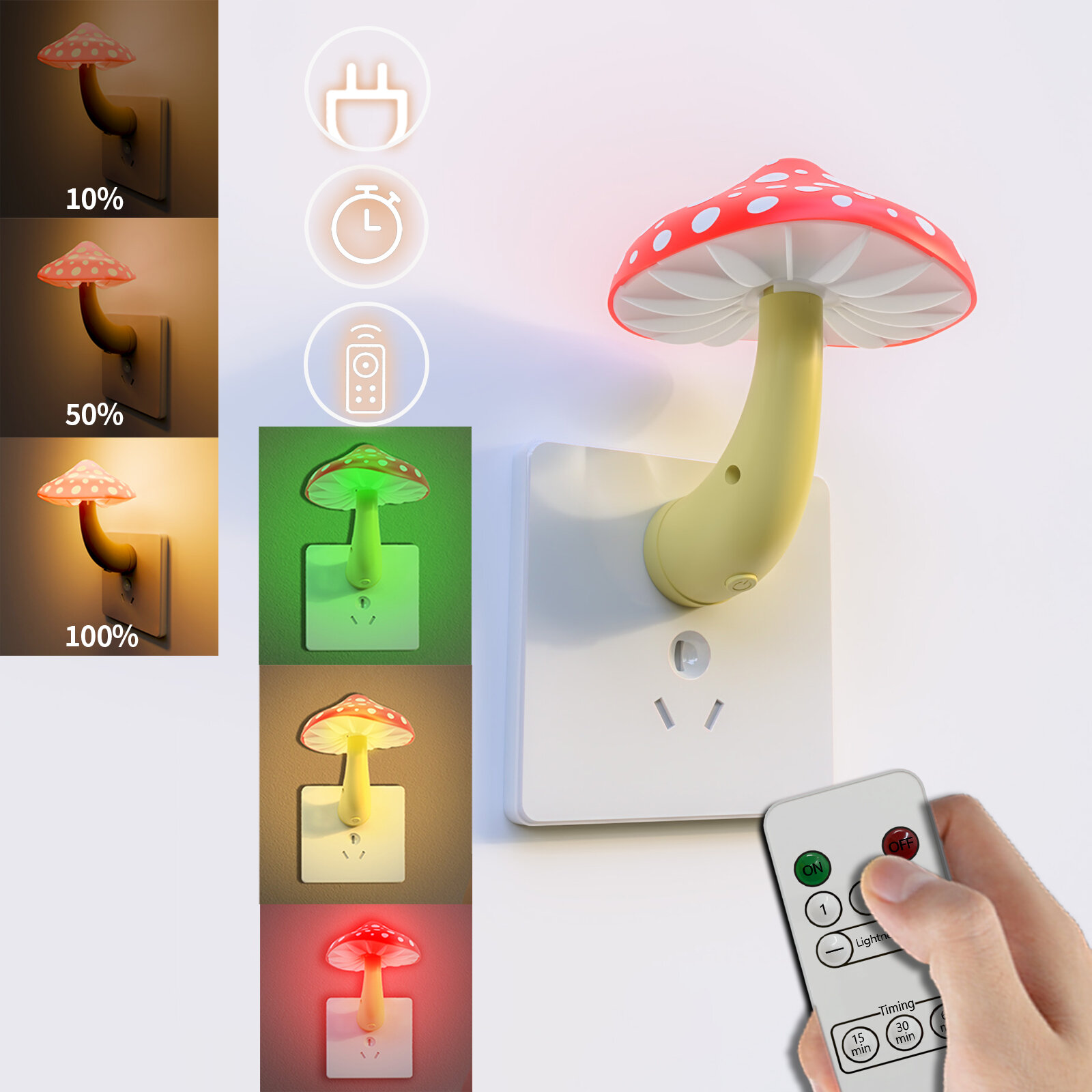 【Holiday Decor Essential】Colorful Life 146B Mushroom Lamp - Remote Control Holiday Decoration Night LightRemote Control Plug-in LampDimmable Color Changing Auto On/Off Timer Nightlight for Kids Bedroom