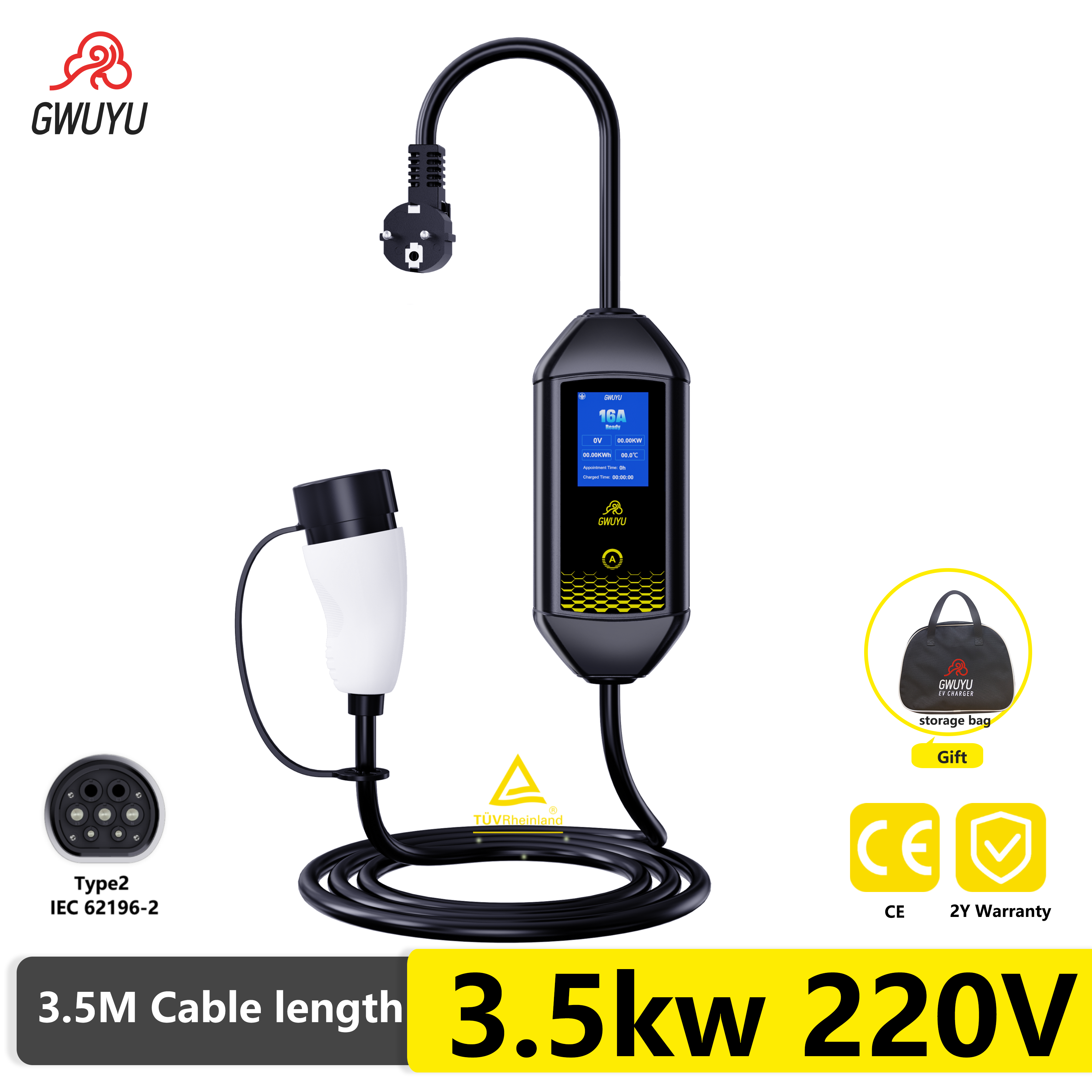 GWUYU เครื่องชาร์จ EV แบบพกพา Type2 Discharge ปลั๊ก EU 16A EVSE การชาร์จ EV Car Charger Type2 ปลั๊ก EU Wallbox เครื่องชาร์จ EV สถานีชาร์จ Controller Wallbox สำหรับรถยนต์ไฟฟ้า ราคา 4,699 บาท*ส่งฟรี