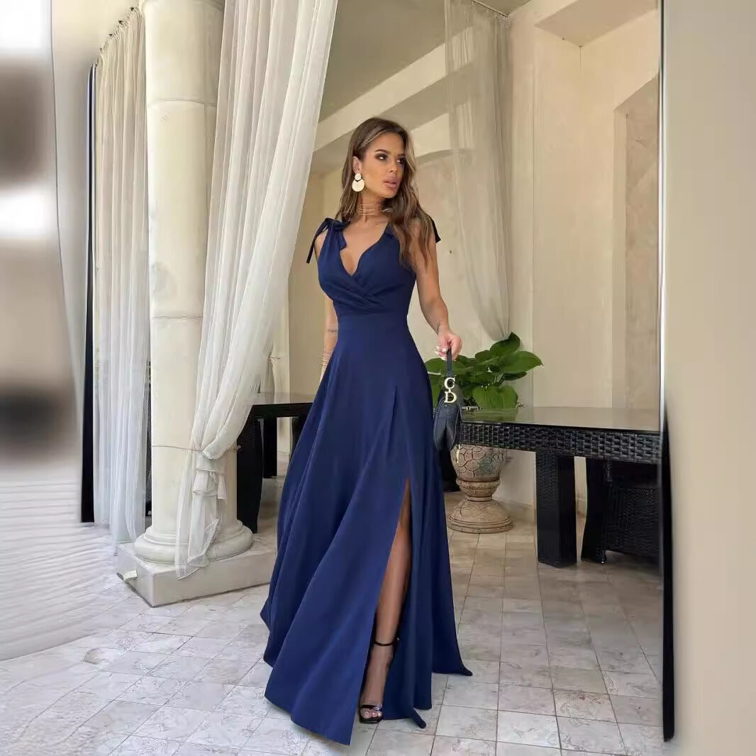 sachin and babi light blue dress Elegant Sexy V-Neck Waisted High Slit Dress