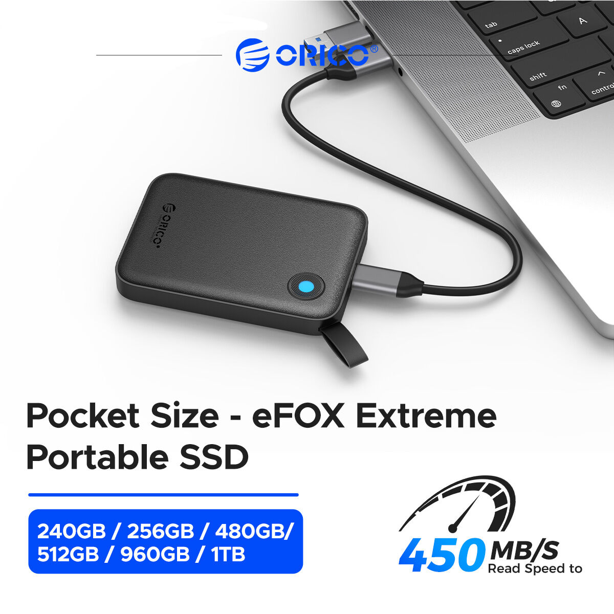 ORICO 450MB/S Pocket Size eFOX Extreme Portable SSD 480GB External Solid State Drive USB-C USB3.2 Gen2 PSSD For Laptop Mobile