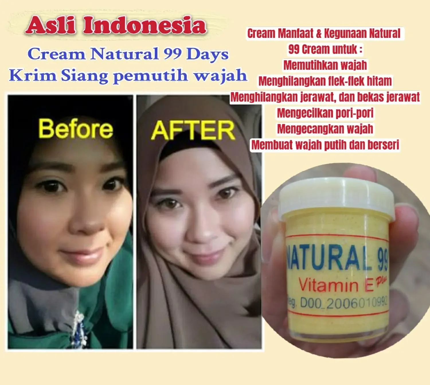 (2 botols) Asal Indonesia Krim Natural 99 siang/ CREAM NATURAL 99 DAY /Natural 99 Cream Racikan Pencerah Wajah Vit.E Original Khusus Pagi - 2 Pcs