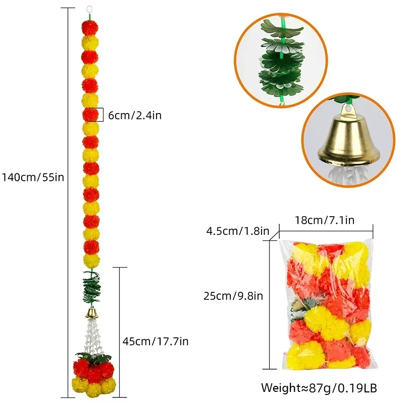 Artificial Marigold Flower Garland Plastic Wreath for Diwali Festival Mexican Day of The Dead Christmas Party Home Decoration