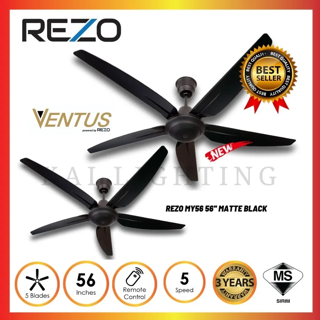 Rezo Ventus MY56 Remote Ceiling Fan [READY STOCK] 5 Blades 56"5B Speed 3 Years Warranty AC Motor