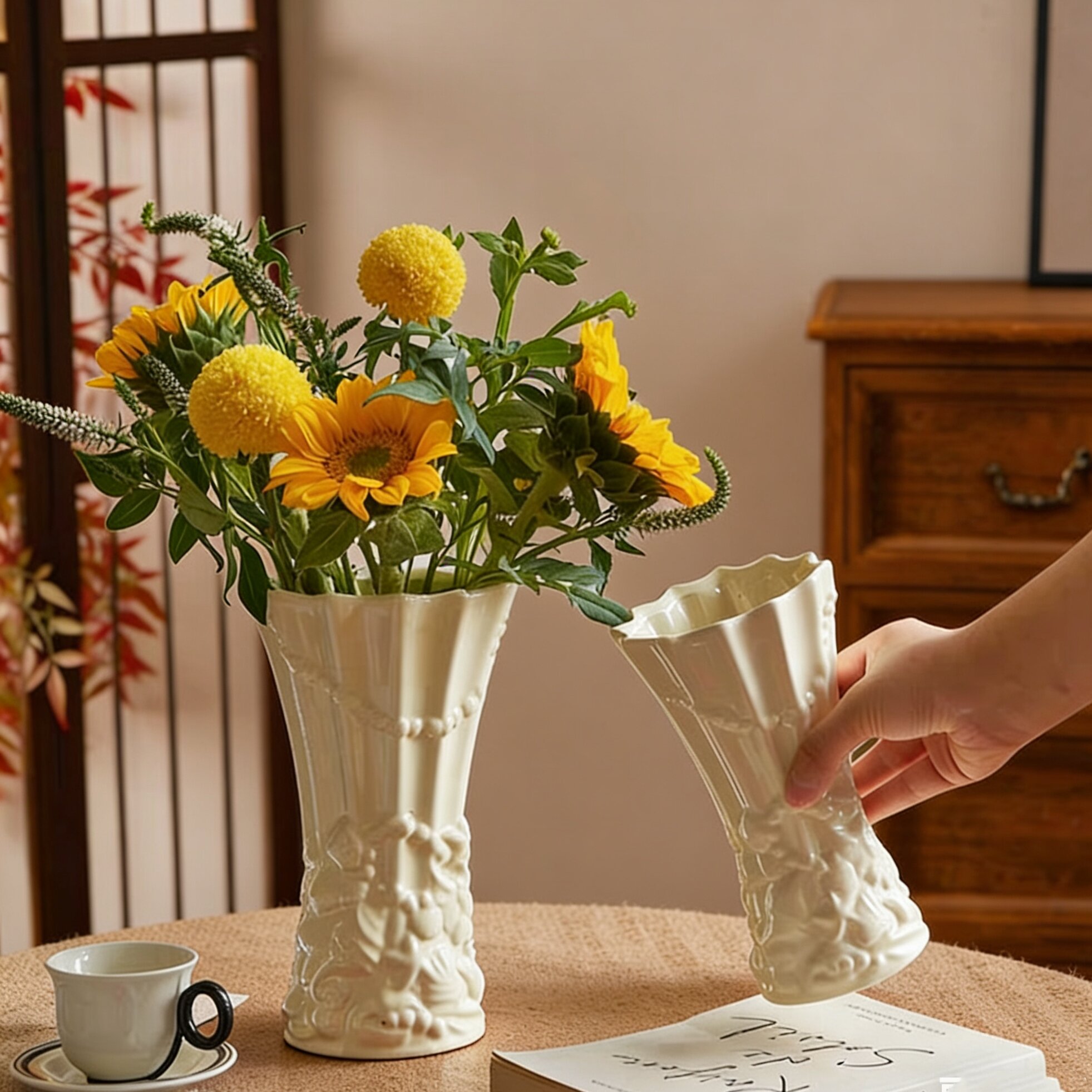Franse keramische bloemvaas met reliëf voor hydrocultuur decor_voghion.com