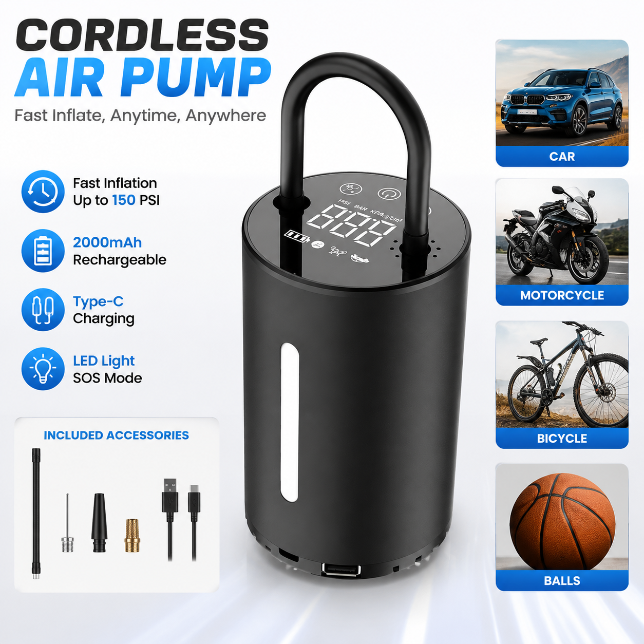 EKLEVA Car Air Compressor Inflatable Pump With LED Lamp Display For Motorcycle Bicycle Car Tyre Inflator Wireless Electric Air Pump Giá 702,316 Đồng*Miễn phí vận chuyển