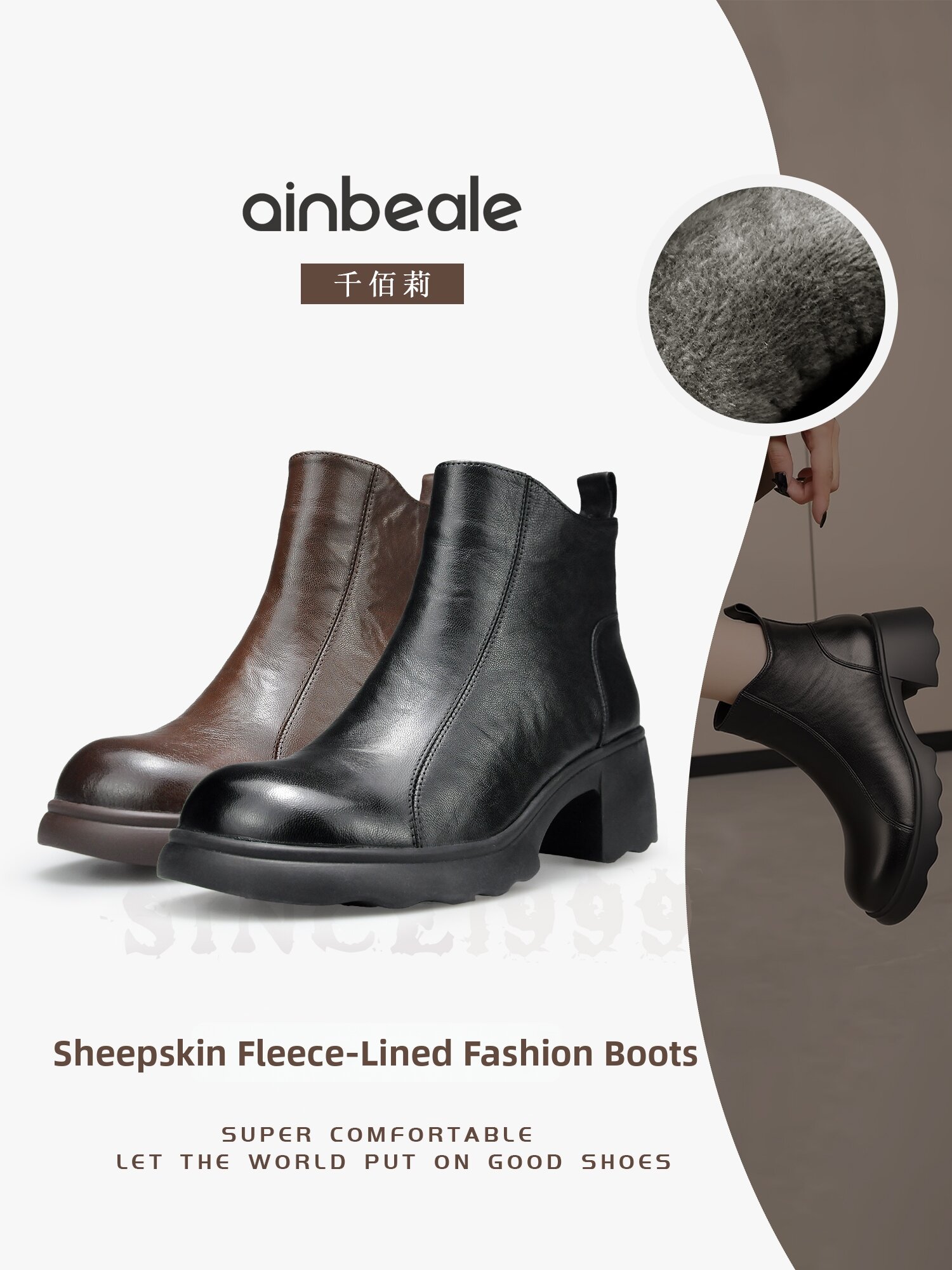 Qin&beale | Winter Fur-lined Sheepskin Round-toe Block Heel Boots - Jenama Qin&beale Harga 330 Ringgit*Penghantaran Percuma