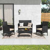KIMDELIN 4 Pieces Patio Outdoor Rattan Wicker Chair Conversation Garden Backyard Balcony Porch Poolside Furniture Sets with Soft Cushion and Glass Table