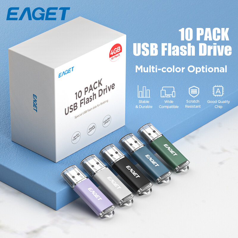 EAGET F2 USB 2.0 Flash Drive 10PCS Matte Metal Pendrive With LED Indicator Keyring Cap Design Portable U Disk Shockproof Plug And Play For Laptop PC Car Audio Office 4GB 8GB 16GB 32GB 64GB ราคา 202 บาท*ส่งฟรี