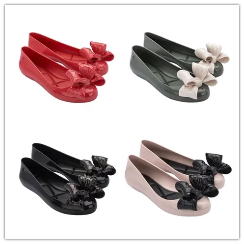 Brazilian Melissa 2024 New Women's Jelly Shoes Round Head Bow Flat Bottom Shallow Color Low Top Women's Single Shoes Sweet Style