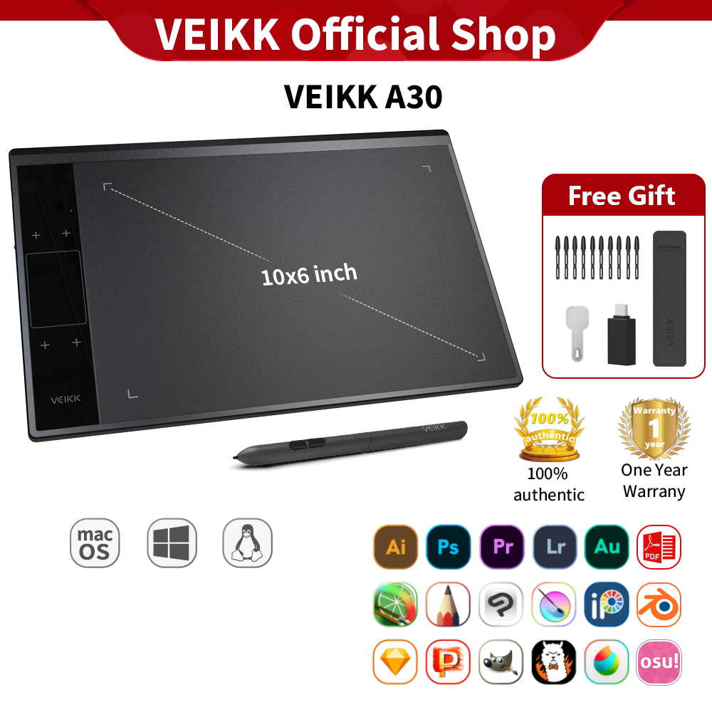 (VEIKK Official store) VEIKK A30 Graphic Drawing Tablet 10 x 6 inch 290 PPS Drawing Pad with 16384 Levels Battery-Free Pen (Tilt Function Support) Online Teaching Writing Pad Support Windows Mac Android Pen Tablet For Digital Art