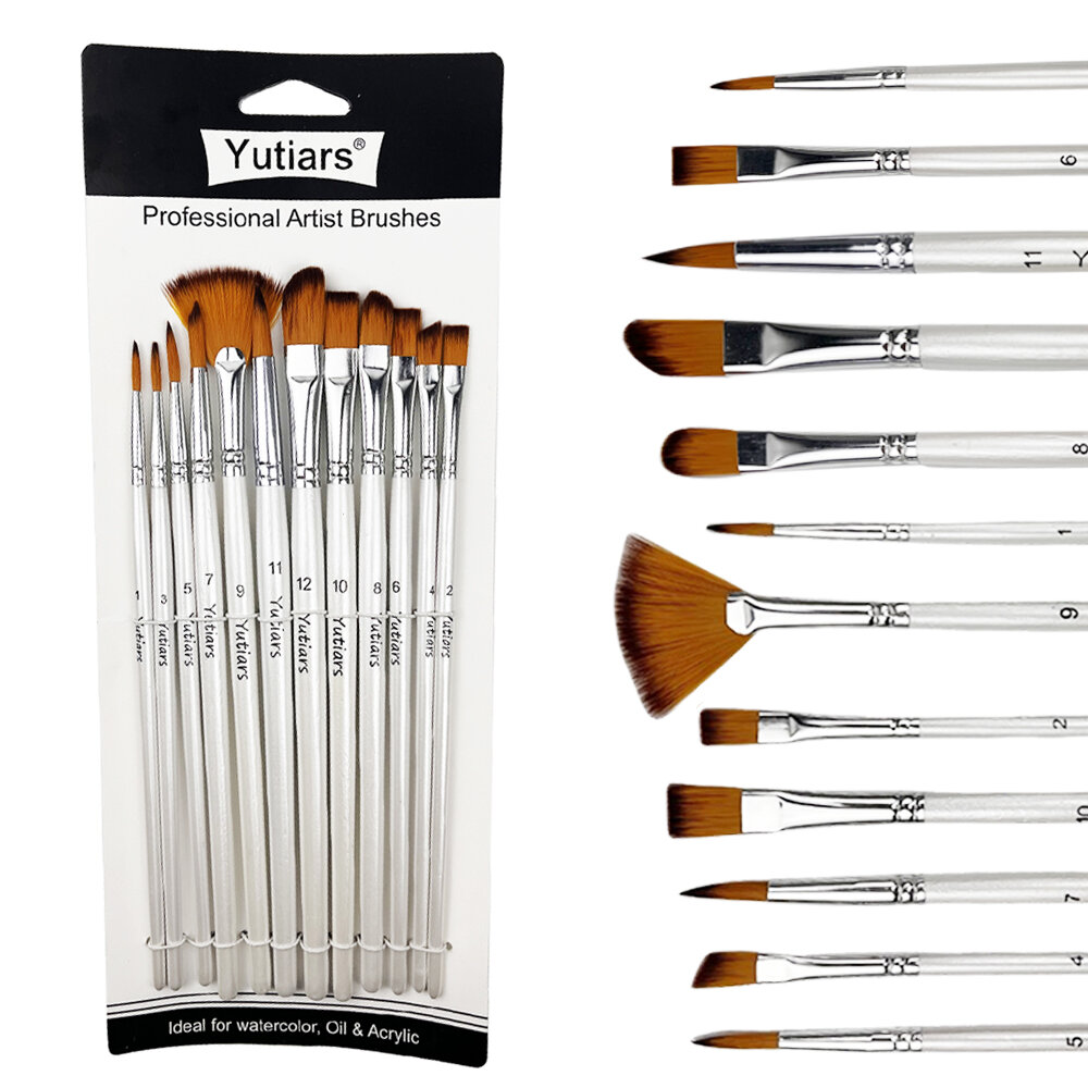 12pcs Nylon Bristle Brush Set Flat Brushes Watercolor Oil Paint For Artists Amateur And Acrylic Paintings Fabric Brushes