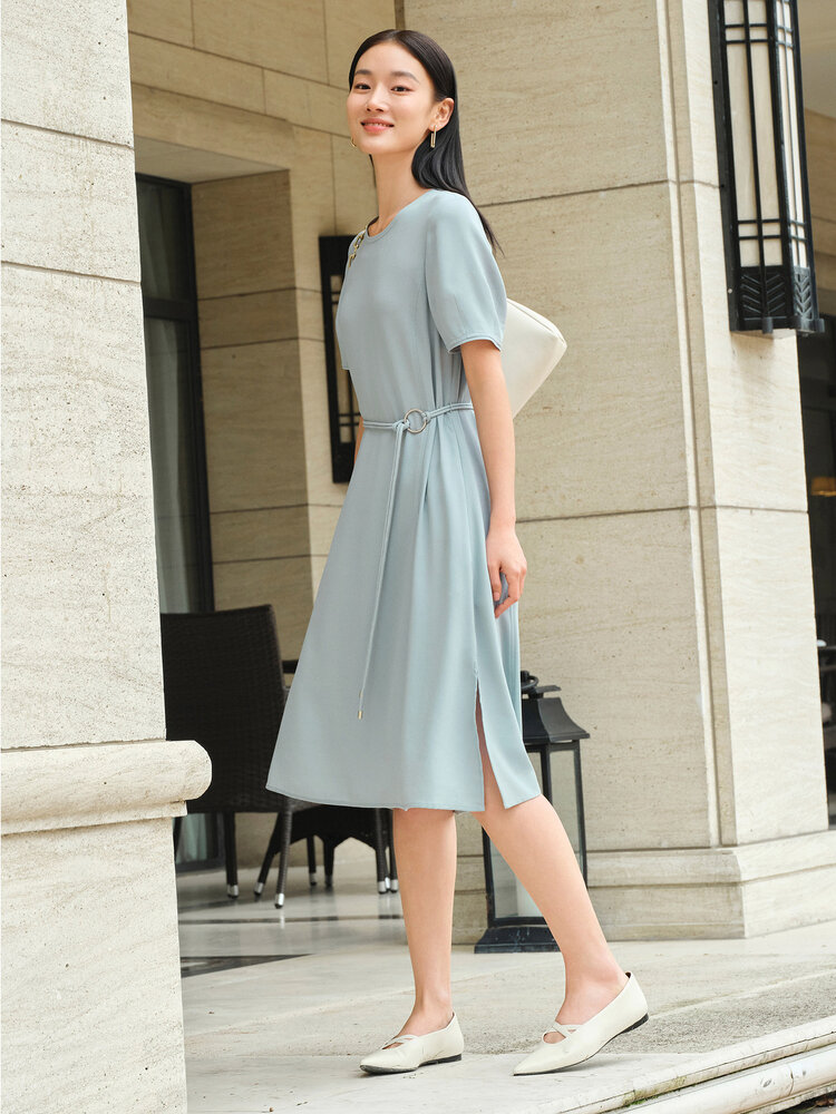 Simple Commute Design Waist Belt Lantern Sleeve Waist Cinching Dress Women's Fashion Summer Short Sleeve Midi Skirt Dress Harga  790 Ringgit*Penghantaran Percuma