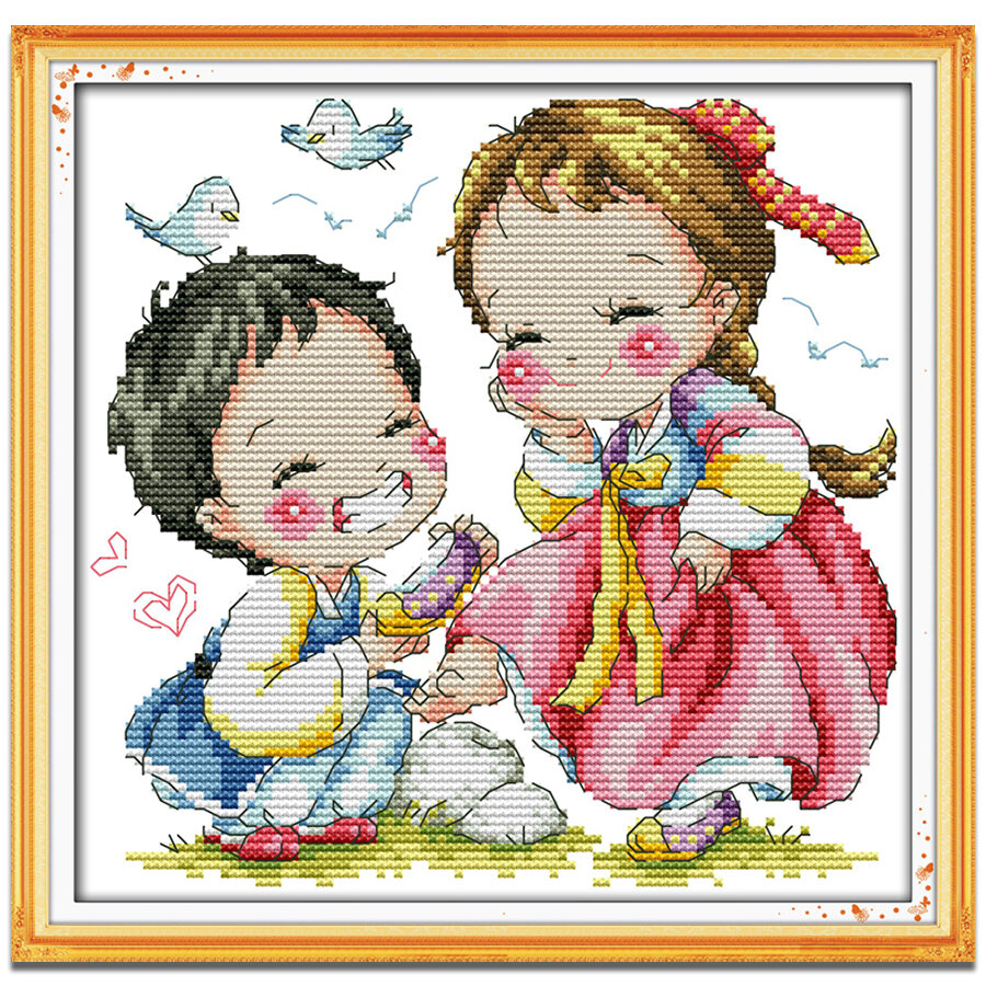Cross Stitch Set Baby Boy and Girl Child Character Complete Kit with Pattern 14/11CT
