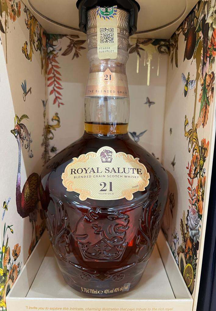 Royal Salute whisky bottle.