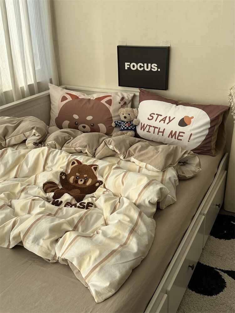 Adorable Cartoon Raccoon Bedding Set for Girls Washed Cotton Four-Piece Quilt Cover Student Three-Piece Large Size Towel Embroidery Harga  182 Ringgit*Penghantaran Percuma
